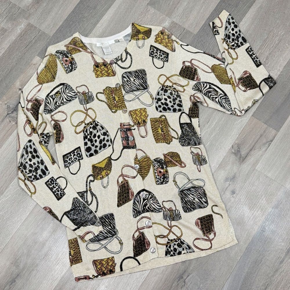 Forever 21 Gold Shimmer Purses Print Button Up Cardigan‎ Sweater Tan Multi Large